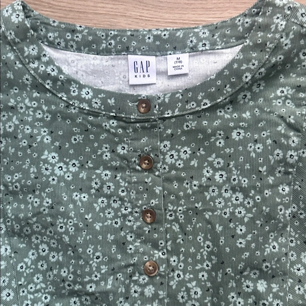 GAP Kids Green floral corduroy tiered Patterned Dress 7/8
